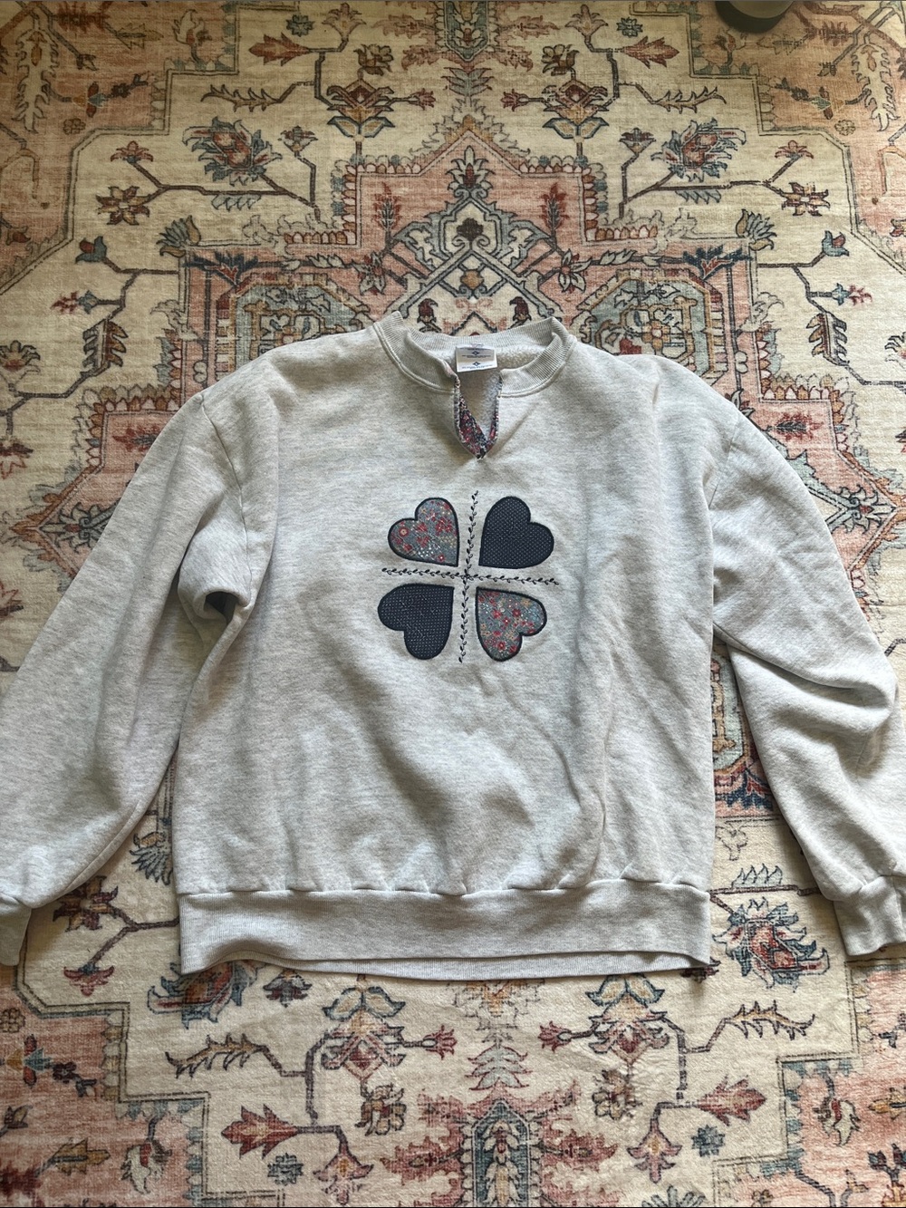 Vintage Cream Heart Embroidered Sweatshirt